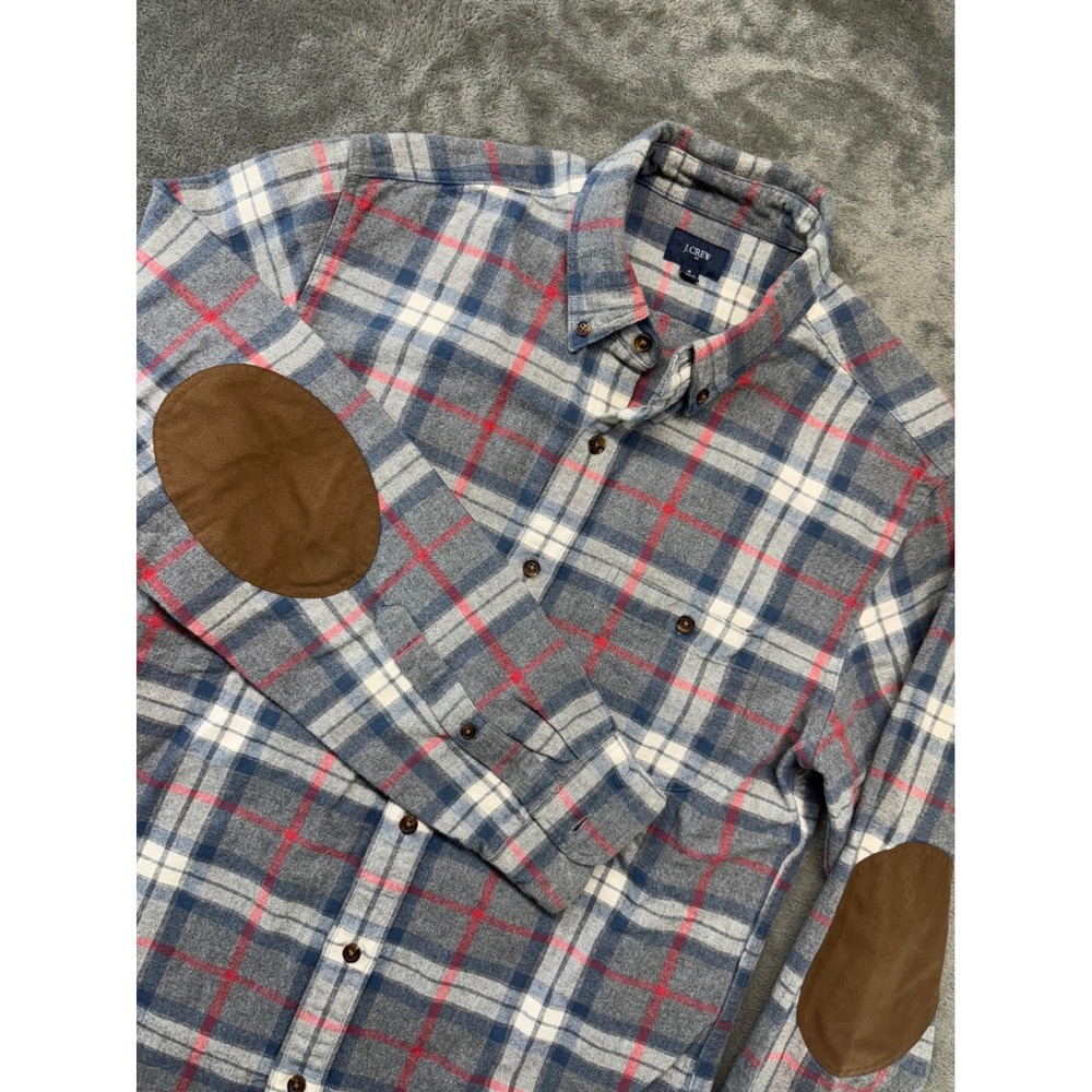 J.Crew Mens Flannel Button Down Shirt Medium Plaid Elbow Patch‎ Long Sleeve